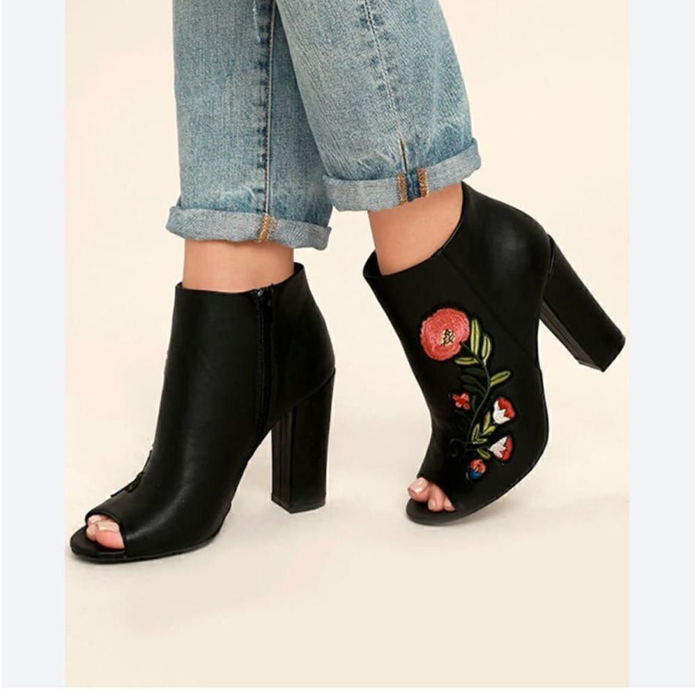 BAMBOO Black Embroidered Peep-Toe Booties